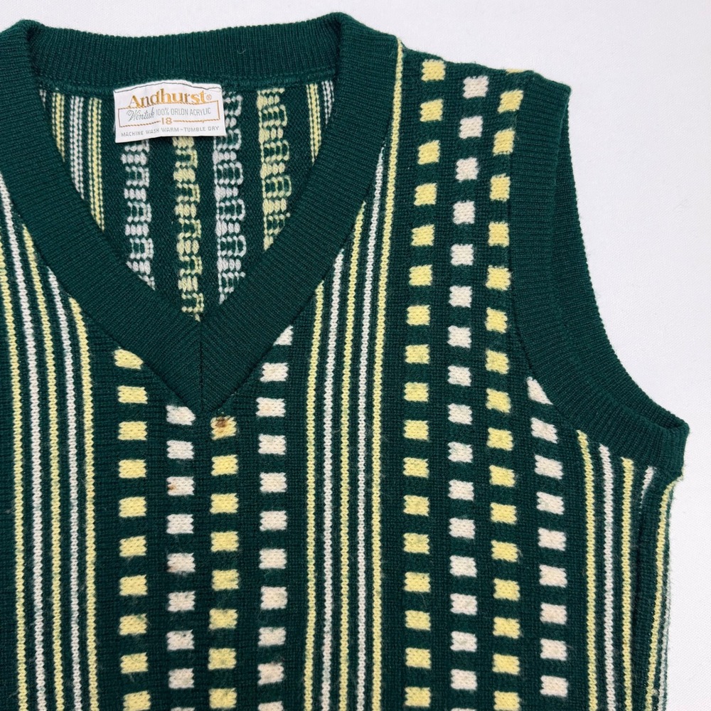 Vintage Preppy Andhurst Sweater Vest L Green Multi Stripe Pattern‎